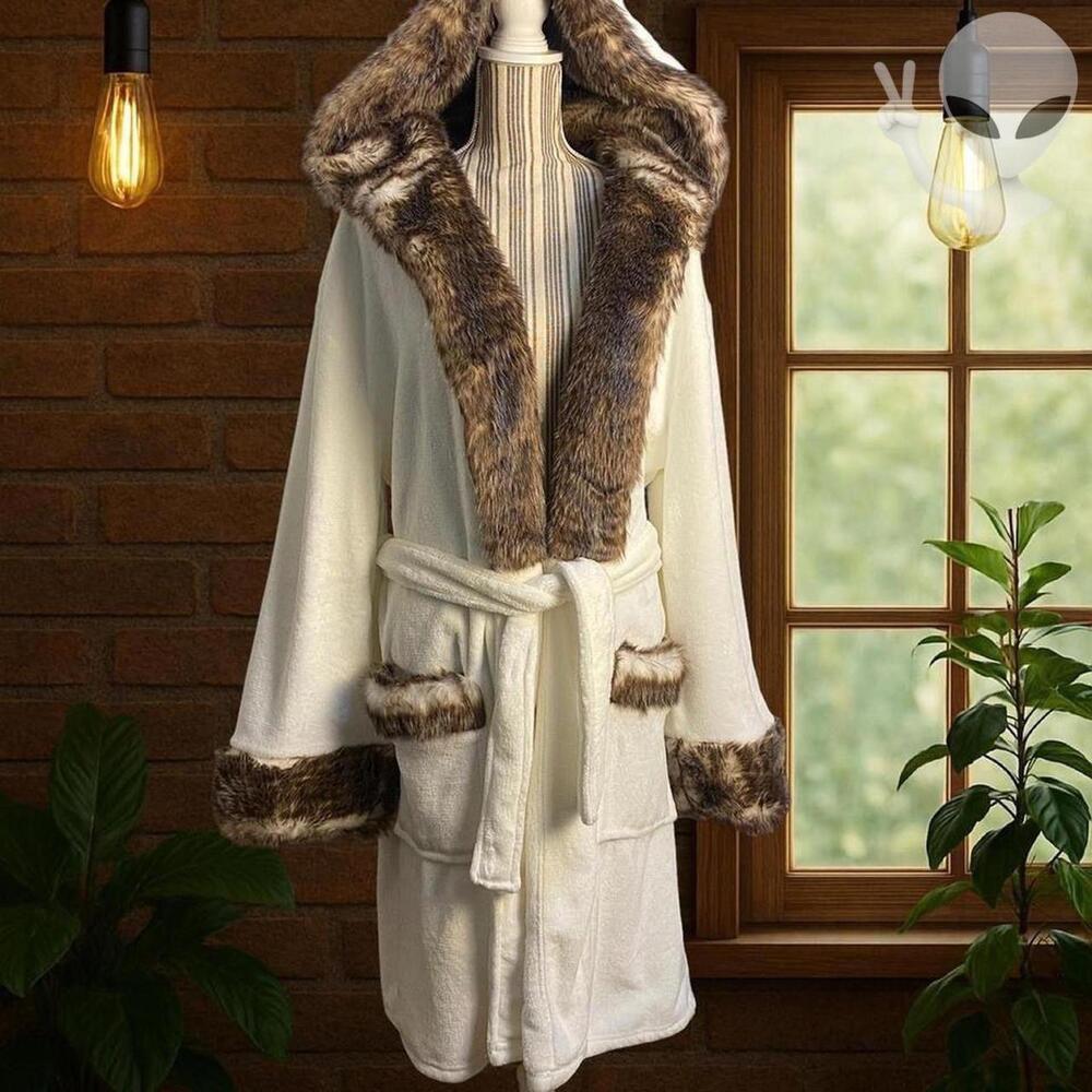 Faux Fur Ombre Robe Large Cream Brown Soft Cozy Loungewear Winter Sleepwear - Picture 2 of 6